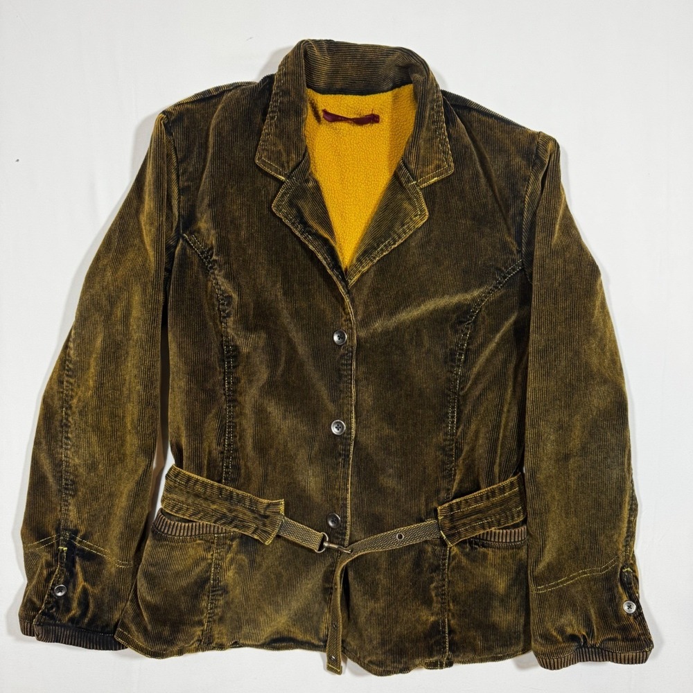 Vintage Y2K Corduroy Jacket Belted Fleece Warm Olive L Academia Steampunk Grunge - Picture 3 of 16